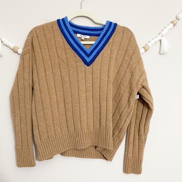NEW Madewell Tipped Forrest V-Neck Sweater Heather Caramel Women's Size Small - Picture 7 of 8